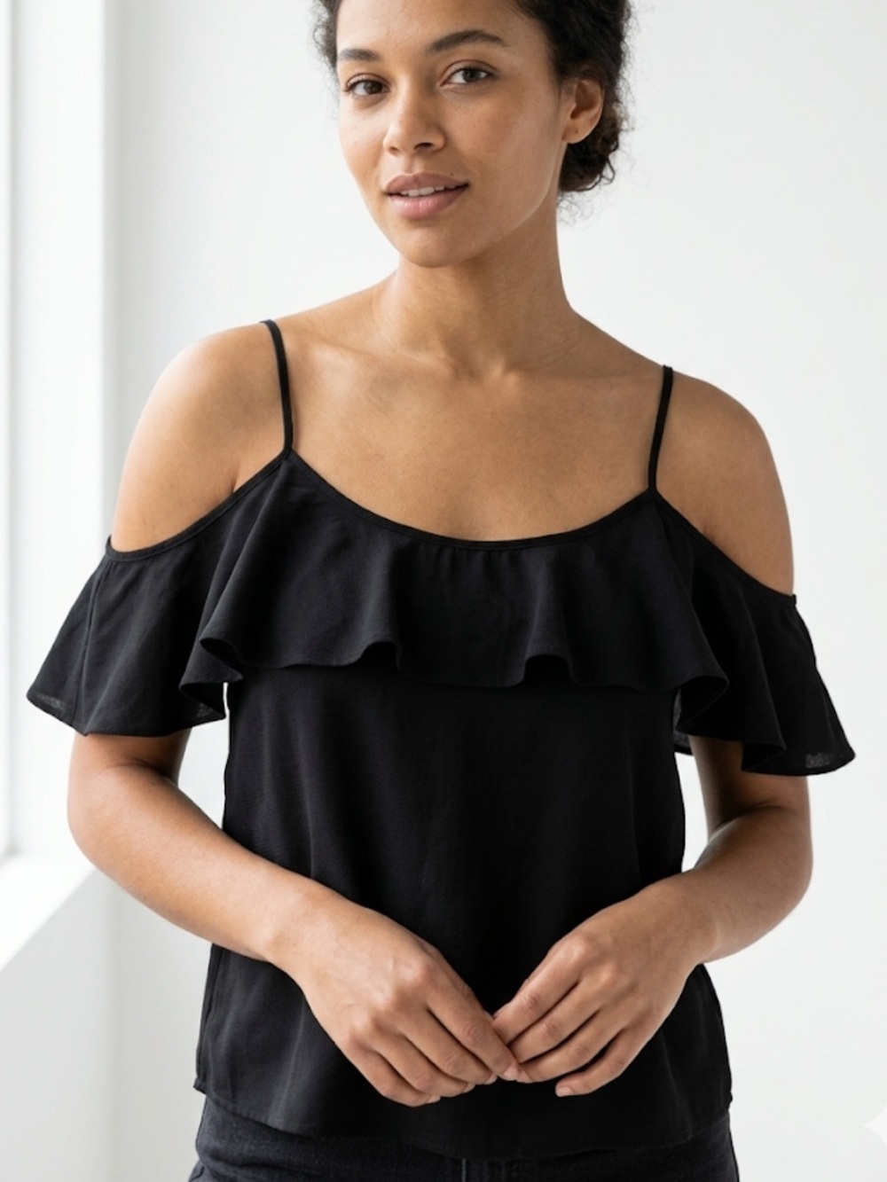 Victoria’s Secret Black Off-Shoulder Satin Ruffle Top - Spaghetti Strap Blouse